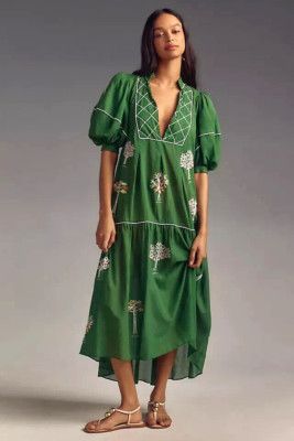 Farm Rio Embroidered Trees Dress Anthropologie Green Organic Cotton Size M NEW