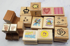Lot of 15 Happy Birthday Stars Sun Various Themes Wood Mounted Rubber Stamps