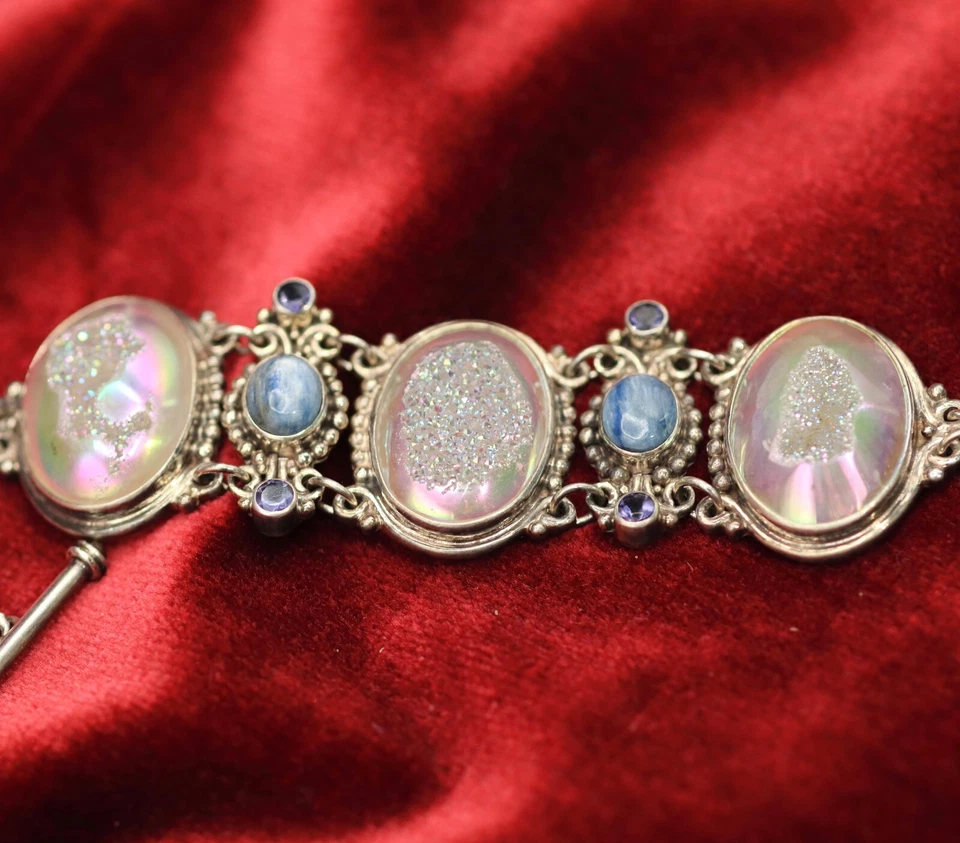 Pulsera de Turmalina De Colección Diseñador Sajen Plata de Ley, Drusy, Zafiro 54.8g Foto 3 de 4