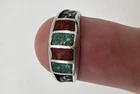 Vintage Navajo Crushed Coral Turquoise Inlay Hand Made Sterling Silver Ring sz 9