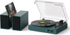 Bluetooth Turntable w/ Dual Speakers, USB MP3 Record, 3-Speed Auto Stop Green.