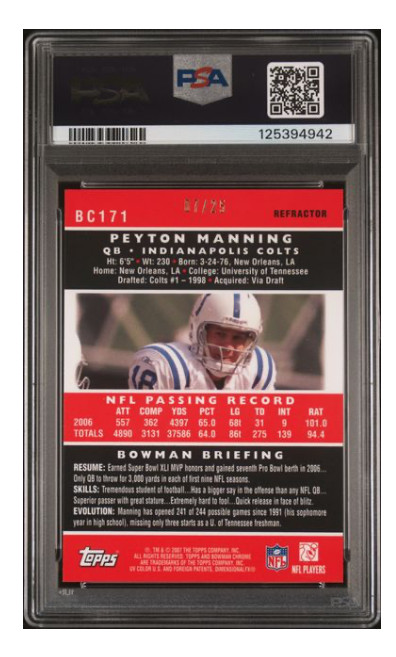 Peyton Manning 2007 Bowman Chrome Orange Refractor PSA 9 MINT #07/25 POP 1 RARE view 2