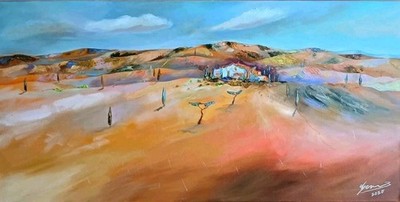 Mediterranean Landscape Panorama   Original Oil Painting 50x100 cm - Gerner