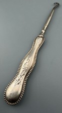 Antique Button Hook Sterling Silver Handle Steel Hook 6" Beaded Edge Monogram Te