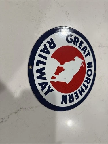 Vintage Great Northern Railway Heavy Metal Enamel Porcelain Sign train gas oil