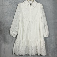 Coquette Midi Dress Tiered Eyelet M White Lined Cottagecore Modest Long Sleeve