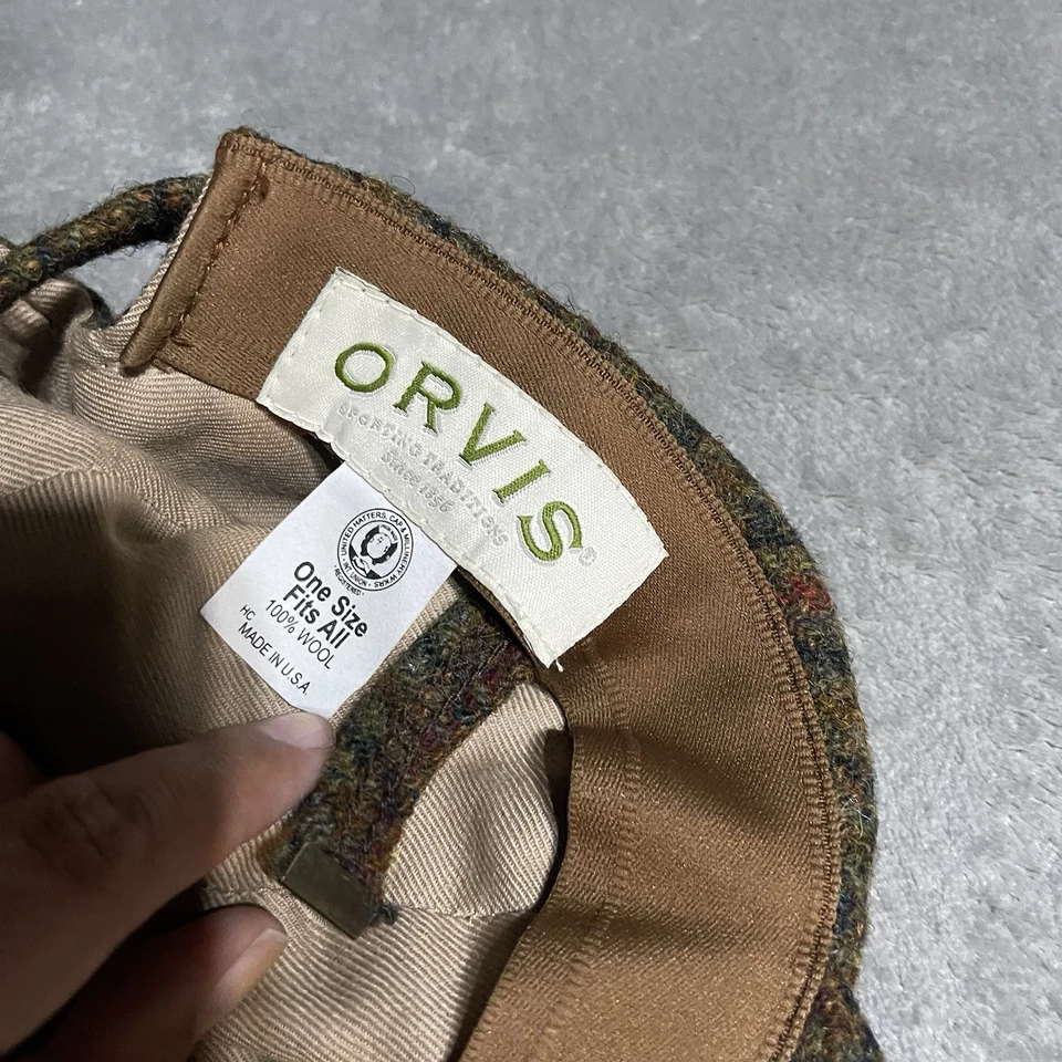 Vintage Orvis Harris Tweed Hat Mens Ajdustable Winter Cap Plaid Herringbone Wool - Image 4 of 4