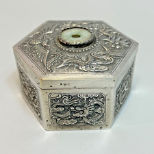 Antique Chinese Asian Export Silver-plated Snuff Box Jade Dragon Phoenix Shou Da