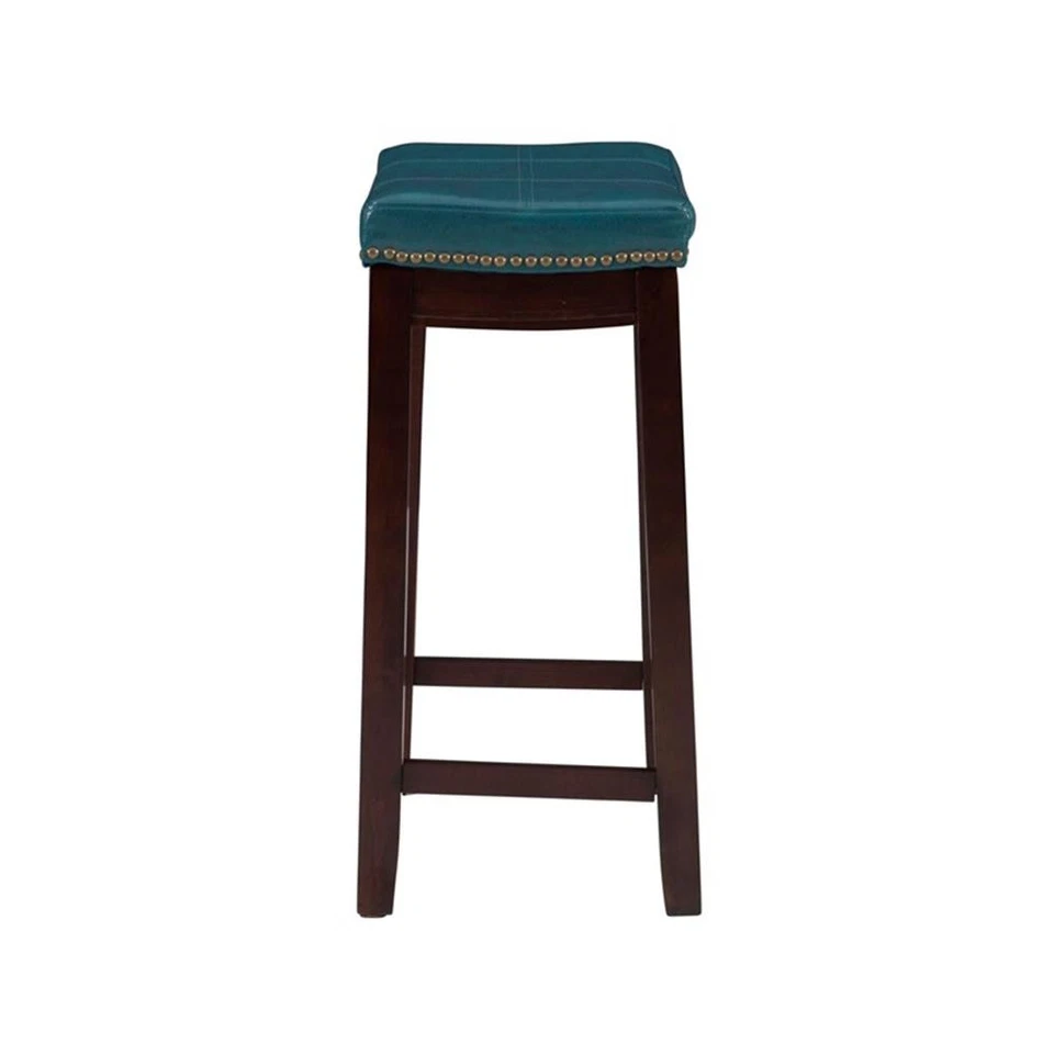 Linon Claridge Backless Counter Stool Blue Faux Leather Wood Frame in Dark Brown - Image 4 of 4