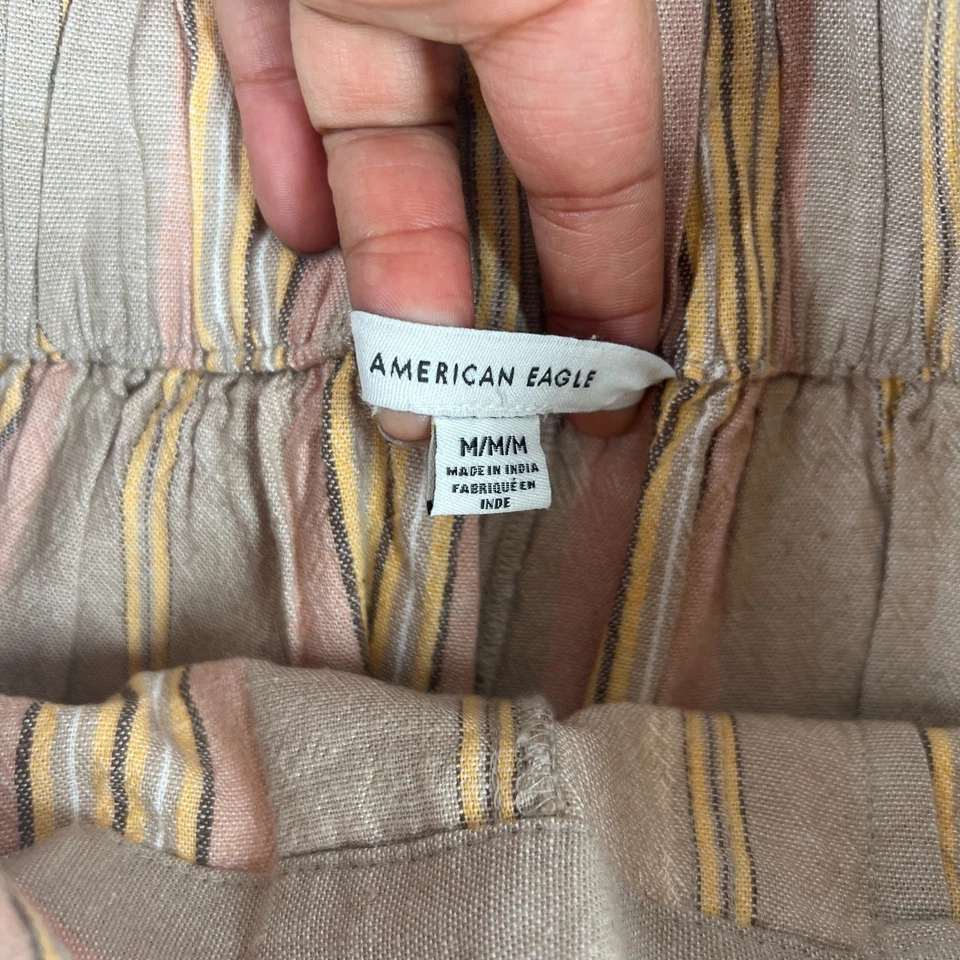 American Eagle Outfitters Bolsa de Papel Pantalones Mujer M Beige Rayas Cinturón Pierna Ancha Foto 4 de 4