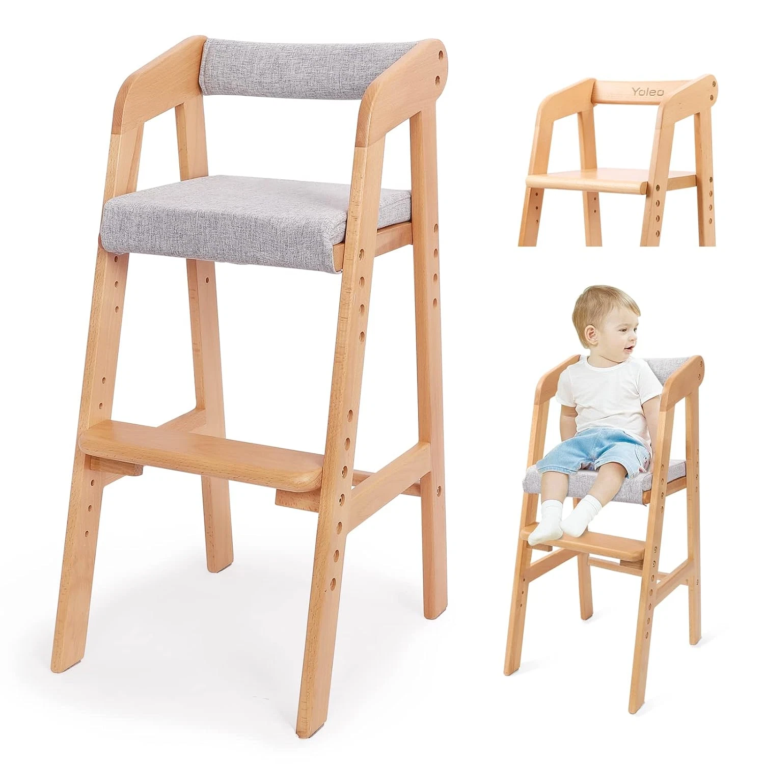 Wooden High Chair for Toddlers, Adjustable Feeding Chair with Removable Cushion