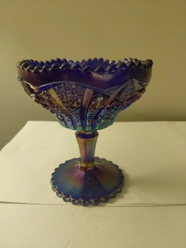VTG Imperial Carnival Glass Cobalt Blue Compote Dish ​Princess Lace Design 5"