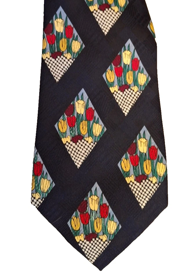 Original Rida Sigllet Exclusive tie - dark blue floral tulips in rhombus — 第 2/4 张图片