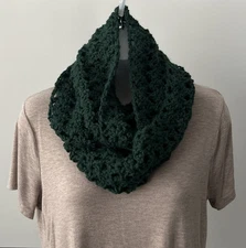 Handmade Crocheted Double Wrapped Infinity Dark Green Colored Scarf 27" Long