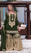 Fashionable Georgette Dark Green Top Sharara With Fancy Dupatta For Women Wear