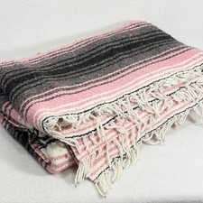 Mexican Falsa Woven Throw Blanket Pink, White, Gray Striped Serape Fringes 50x70