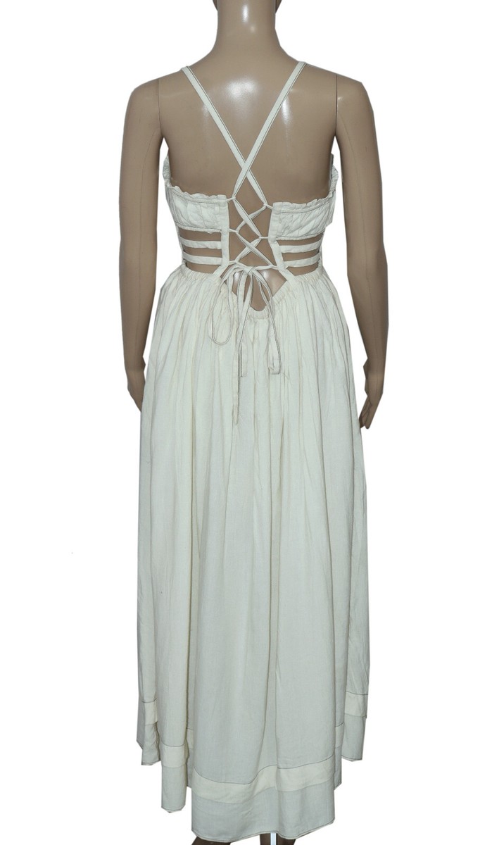 UO Cora Linen Open Back Midi Dress Urban Outfitters Ivory Adjustable Tie  New L | eBay