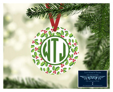 MONOGRAM INITIALS METAL CHRISTMAS THEME HOLLY ORNAMENT PERSONALIZED DESIGN 26