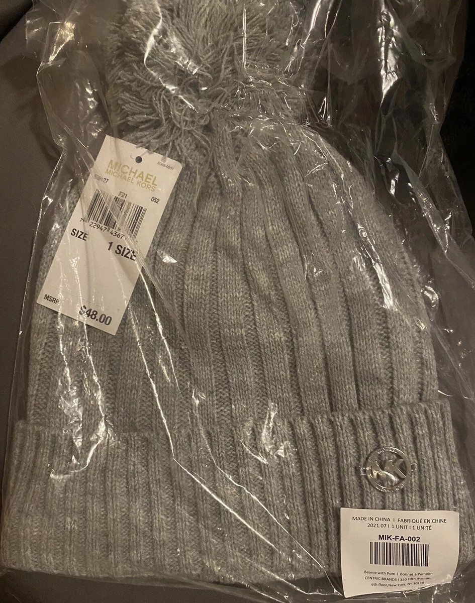 NEW with Tags Michael Kors Gray Silver Knit Beanie Pom Hat MK O/s