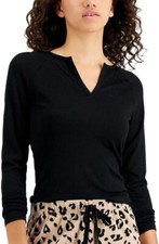 Jenni Women's Split-Neck Rib-Knit Long Sleeve Pajama Top, Black, Choose Size