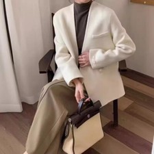 Womens New Chinese Style V Neck One Button Wool Coats Loose Short Jackets Parka