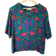 Vintage Alfred Dunner Teal Floral Damask Print Short Sleeve Shirt Size Large