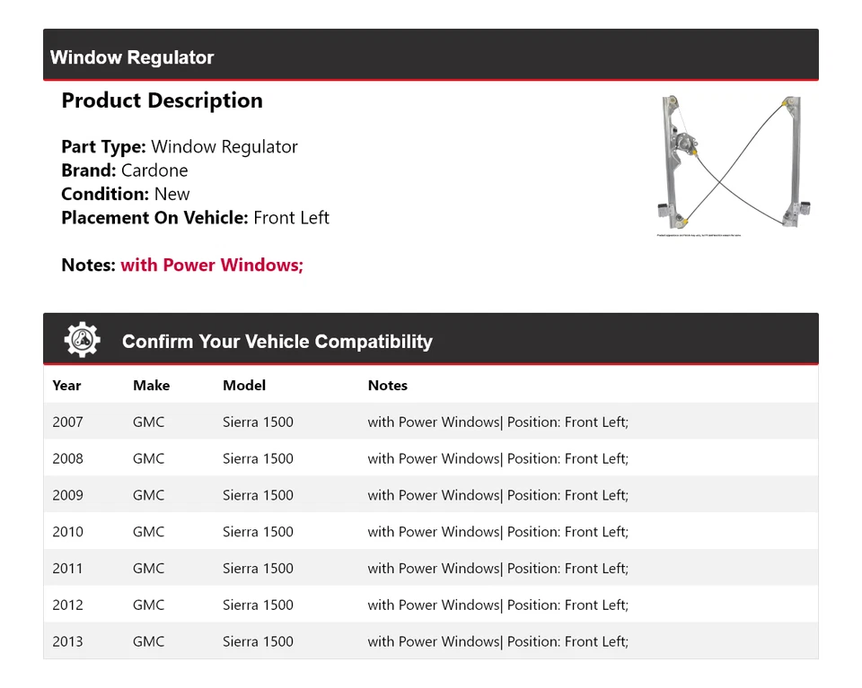 Regulador de ventana delantero izquierdo Cardone 2008 2009 2010 para GMC Sierra 1500 2007-2013 Foto 2 de 4