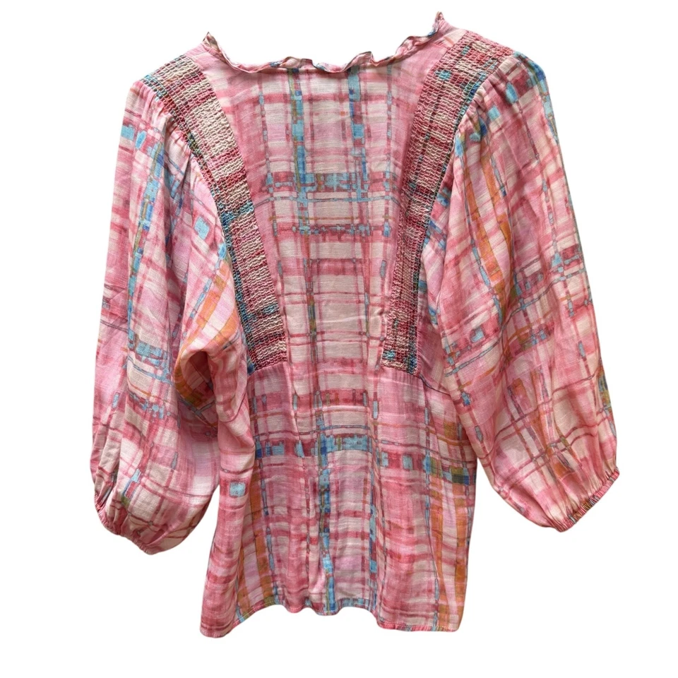 Sharagano Peasant Blouse Top Pink Plaid Boho Smocked details 3/4 Sleeve Size SM - Image 2 of 4