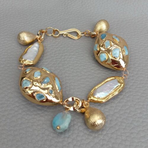 8,5 Zoll Süßwasser Kultiviert Weiß Biwa Perle Blau Larimar Perlen Charm Armband - Bild 1 von 6