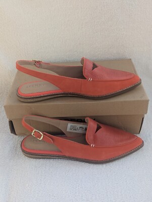 Size 9 Women's Sperry Saybrook Slingback Red (Coral) Leather Shoes STS86349