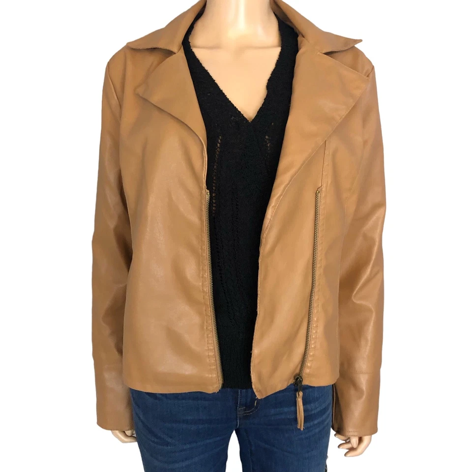 Chaqueta Moto Años 90 Y2K Sello Húmedo Mujer Cuero Sintético Marrón Camel Cinturón Talla XL Foto 2 de 4