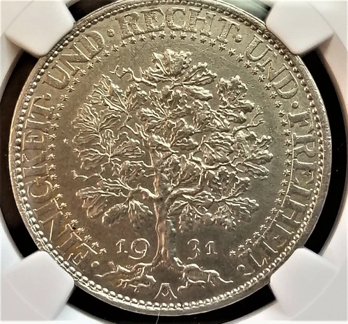 1931-A Weimar Germany 5 Mark "Oak Tree" Coin - NGC - UNC Details 