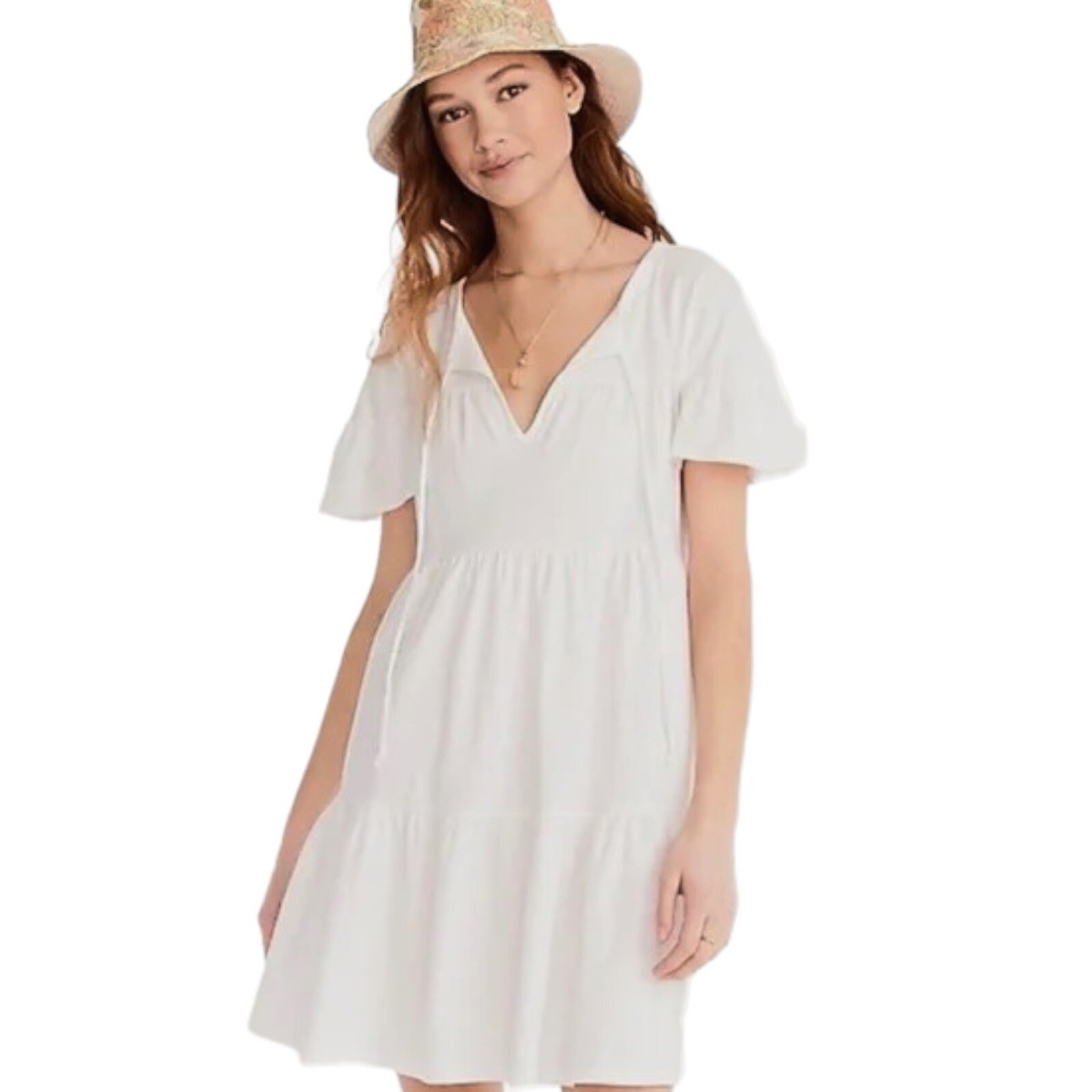 J Crew White Broken in Jersey Tiered Keyhole VNeck Tie Up Mini Dress Size XSmall J Crew White Broken in Jersey Tiered Keyhole VNeck Tie Up Mini Dress Size XSmall