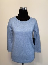 NWT Jones New York Scallop Trim Scoop Neck 100% Cashmere Sky Blue Sweater sz S