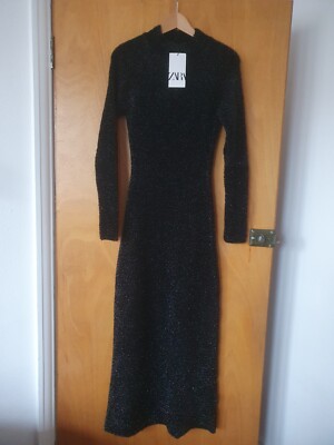 ZARA KNIT DRESS WITH OPEN BACK AND TINSEL MIDI BLACK
