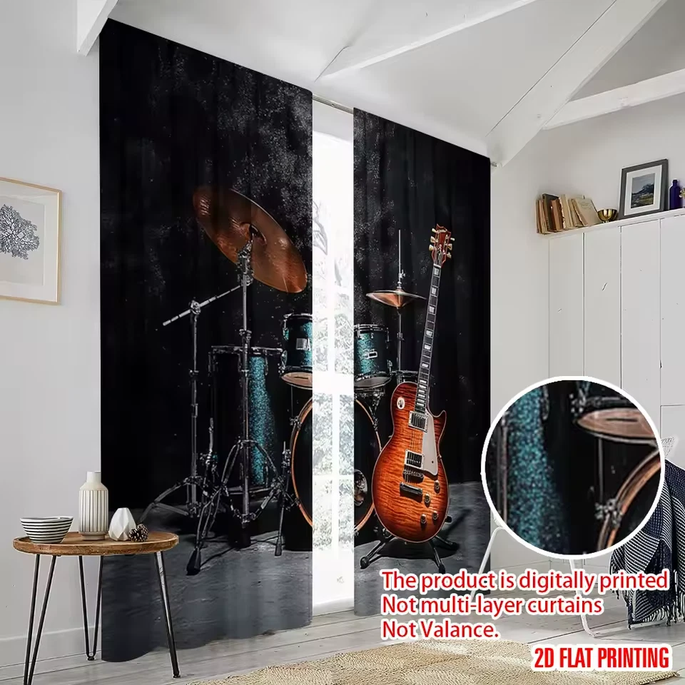 Window Curtains Polyester Light Filtering Drum Kit Guitar Print Curtains Pair