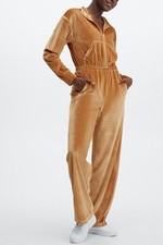 Fabletics Womens Size SMALL Gold Velour Front Zip Wide Leg Jumpsuit
