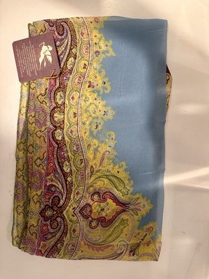 ETRO Silk Scarf 16in × 53in Paisley Pattern Blue Yellow Elegant Italy