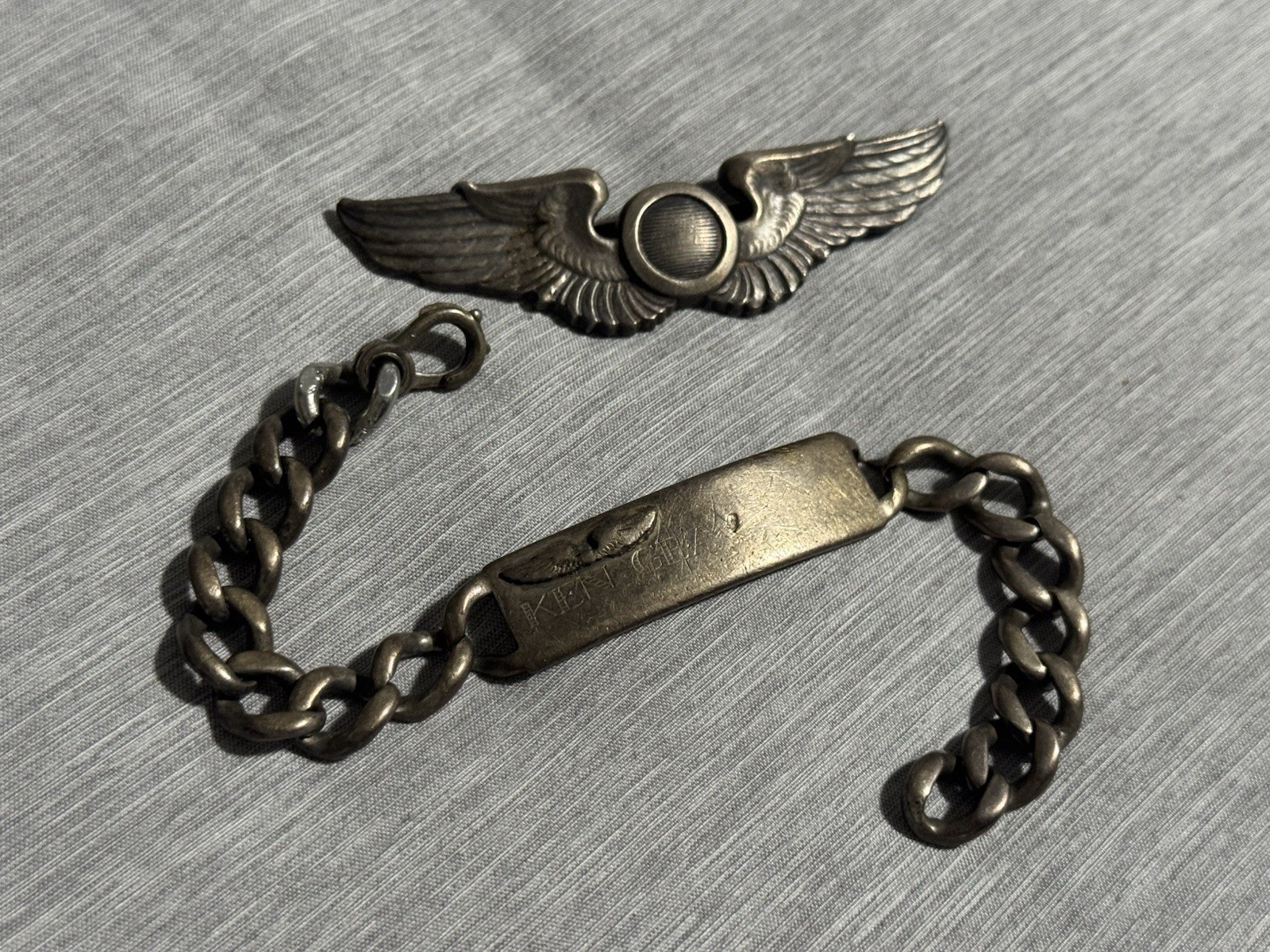 WWII WW2 USAF 3” Observer Pin-Back Wings & Pilots ID Sterling Silver Bracelet
