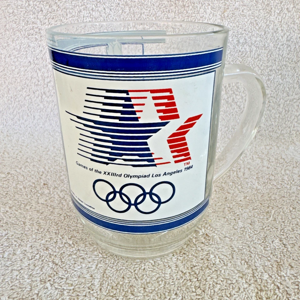 2-Taza de cristal vintage 1984 Juegos de la XXIII Olimpiada Los Ángeles con Sam Eagle Foto 3 de 4
