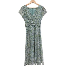 Vtg Y2K Dress Barn 4 Cottage Fairy Floral Ruched Midi Dress Sheer Flutter Sleeve