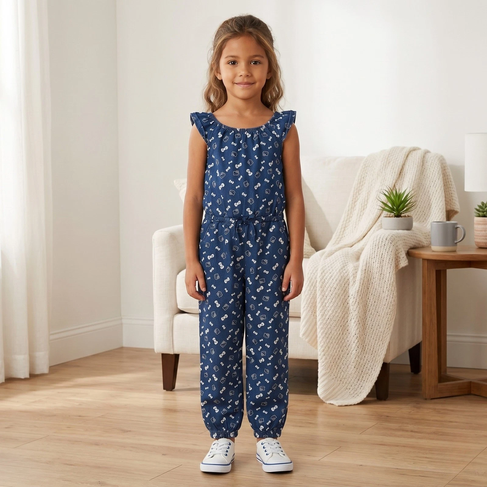 Hello Kitty Jumpsuit Girls 4 Dark Wash Denim Ruffle Sleeve Jogger Kitty Print