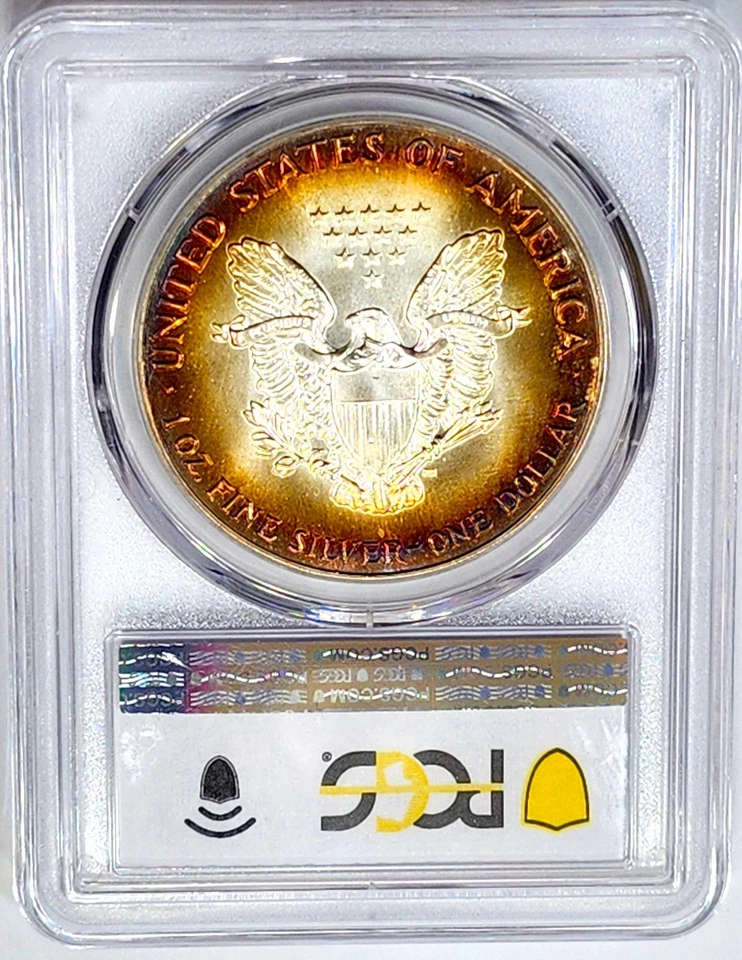 PCGS MS 68 1987 arco iris doble cara color tonificado Silver Eagle bonito Foto 2 de 4