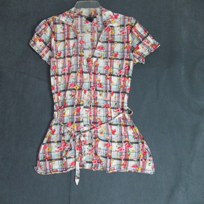 Self Esteem Top Women Medium Plaid Floral Short Sleeve Country Cottagecore Shirt