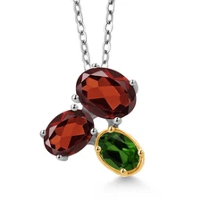 925 Silver and 10K Yellow Gold Garnet and Green Chrome Diopside Pendant
