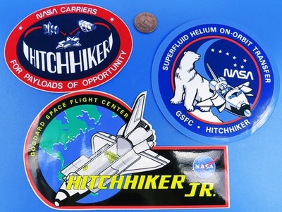 NASA STICKER Trio vtg HITCHHIKER Jr. Space Shuttle GSFC Payloads Helium Carriers
