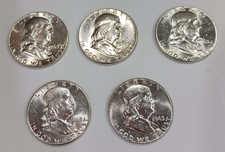 1963 Franklin Half Dollars Lot of 5 Philadelphia from roll Look Great