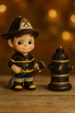 Vintage Firefighter Figurine with Fire Hydrant Coin Bank
