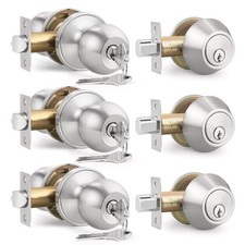 Keyed Entry Door Knob and Single Cylinder Deadbolt 3 Pack Brushed Nickel Modern