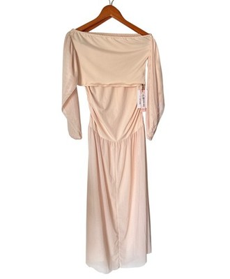 MICAS -Off-Shoulder Light Pink Cropped Top & Midi Dress Set With Puff Sleeves